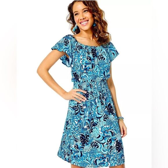 Lilly Pulitzer Clarette Dress Mermazing Ruffle Flutter Sleeve Blue Size Large - Picture 1 of 6